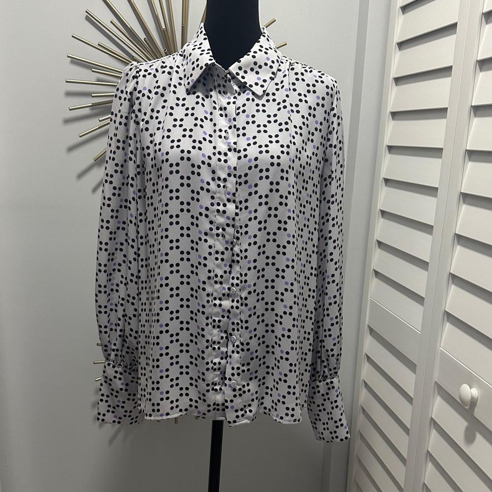 eva mendes for New York & Company Lavender Blouse with Black & purplelPolka Dots